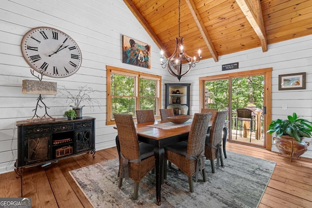 223 Denny Ridge Rd, Jasper, GA 30143 - dining area with wood walls, wooden ceiling, hardwood / wood-style floors, and a chandelier