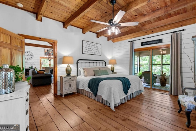223 Denny Ridge Rd, Jasper, GA 30143 - bedroom featuring wooden ceiling, light wood-style flooring, access to exterior, beam ceiling, and wood walls