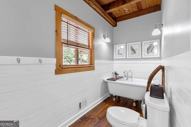 223 Denny Ridge Rd, Jasper, GA 30143 - bathroom featuring wood ceiling, wood finished floors, toilet, a soaking tub, and beam ceiling