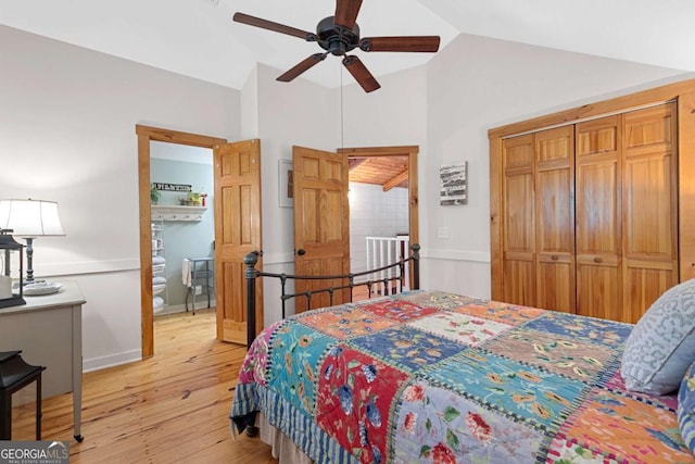 223 Denny Ridge Rd, Jasper, GA 30143 - bedroom featuring light wood finished floors, a closet, ceiling fan, high vaulted ceiling, and baseboards