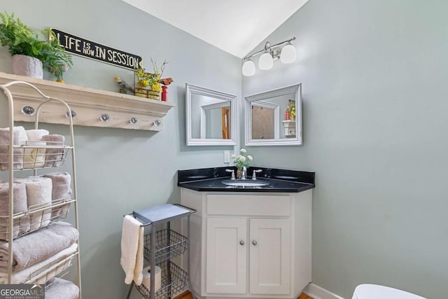 223 Denny Ridge Rd, Jasper, GA 30143 - bathroom with lofted ceiling, vanity, and baseboards