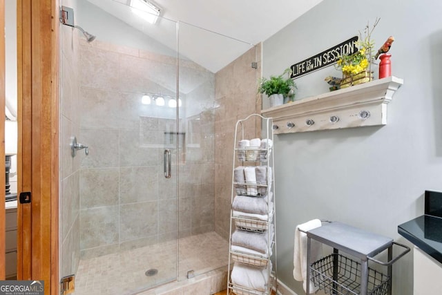 223 Denny Ridge Rd, Jasper, GA 30143 - full bath featuring vaulted ceiling and a stall shower