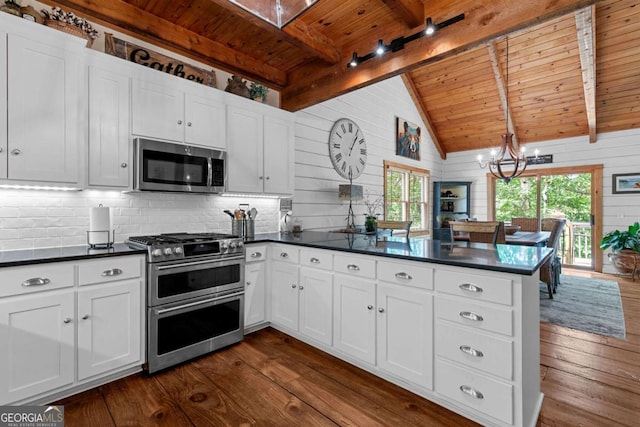 223 Denny Ridge Rd, Jasper, GA 30143 - kitchen with stainless steel appliances, wooden ceiling, dark wood finished floors, a peninsula, and dark countertops