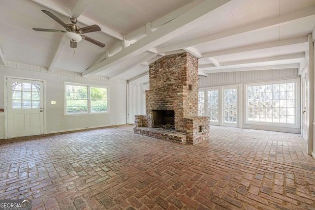 2555 Chattahoochee Ln, Cumming, GA 30041 - unfurnished living room with a ceiling fan and a brick fireplace