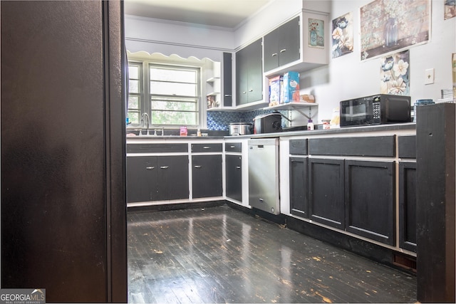 kitchen featuring black microwave, stainless steel dishwasher, crown molding, dark wood-style floors, and open shelves