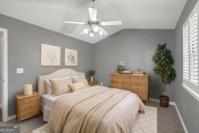 2866 Florence Dr, Gainesville, GA 30504 - bedroom featuring carpet floors, baseboards, vaulted ceiling, and ceiling fan