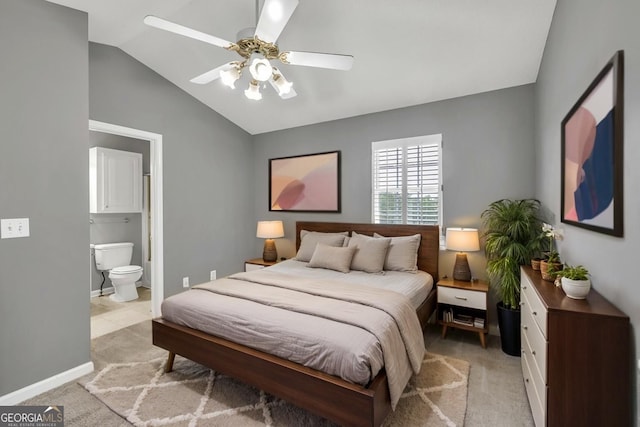 2866 Florence Dr, Gainesville, GA 30504 - bedroom with lofted ceiling, light carpet, connected bathroom, baseboards, and ceiling fan
