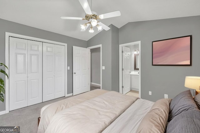 2866 Florence Dr, Gainesville, GA 30504 - carpeted bedroom with lofted ceiling, a closet, baseboards, ensuite bath, and ceiling fan