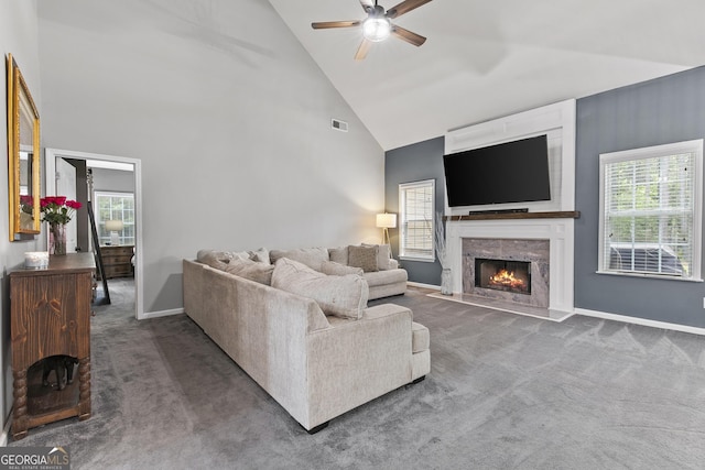 3 Tiffany Trce, Palmetto, GA 30268 - living room featuring carpet, high vaulted ceiling, ceiling fan, and a premium fireplace