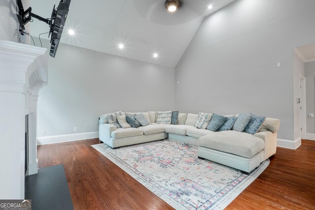 1000 Admiral Xing, Alpharetta, GA 30005 - living area with a ceiling fan, wood finished floors, baseboards, recessed lighting, and high vaulted ceiling