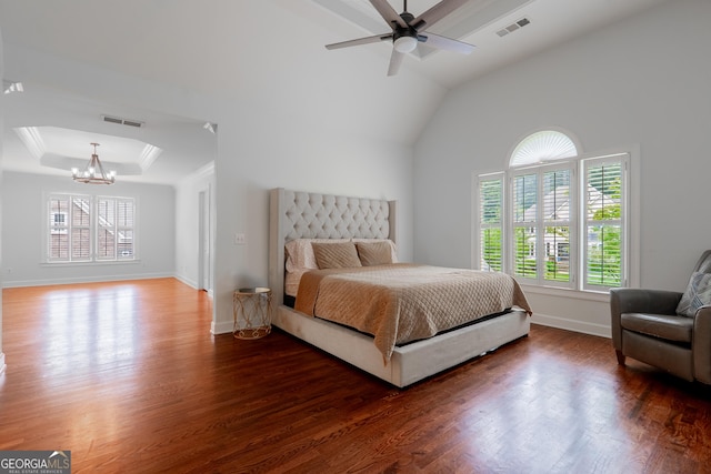 1000 Admiral Xing, Alpharetta, GA 30005 - bedroom with a chandelier, wood finished floors, baseboards, a ceiling fan, and vaulted ceiling