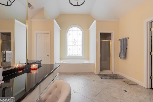 1000 Admiral Xing, Alpharetta, GA 30005 - full bathroom with a bath, a shower stall, tile patterned flooring, vaulted ceiling, and vanity