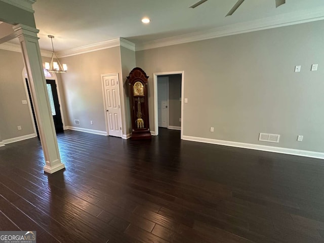 1305 Lake Forest Ln, Mcdonough, GA 30253 - unfurnished room with decorative columns, ornamental molding, dark wood-style flooring, ceiling fan, and recessed lighting