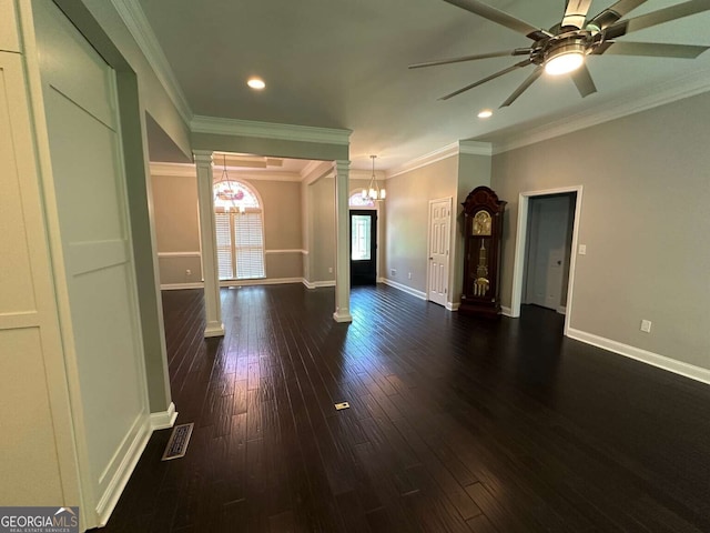 1305 Lake Forest Ln, Mcdonough, GA 30253 - unfurnished living room with decorative columns, a chandelier, recessed lighting, ornamental molding, and a ceiling fan