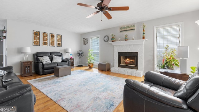 2675 Springside Ct, Douglasville, GA 30135 - living area with a fireplace, a ceiling fan, wood finished floors, and baseboards