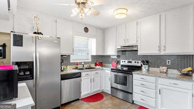 2675 Springside Ct, Douglasville, GA 30135 - kitchen with appliances with stainless steel finishes, a sink, under cabinet range hood, and white cabinetry