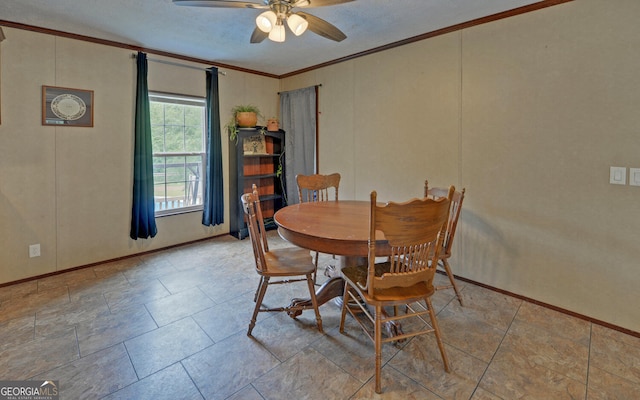 484 Tb Thornton Dr, Hartwell, GA 30643 - dining room with ornamental molding, a ceiling fan, baseboards, and a textured ceiling