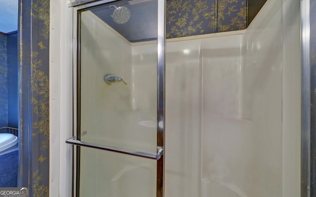 484 Tb Thornton Dr, Hartwell, GA 30643 - bathroom with wallpapered walls and a stall shower
