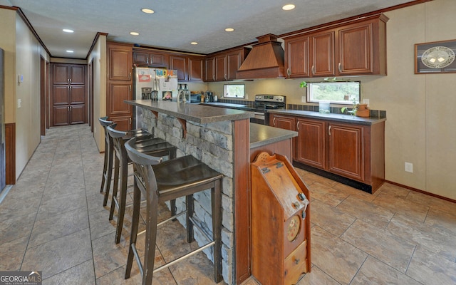 484 Tb Thornton Dr, Hartwell, GA 30643 - kitchen featuring appliances with stainless steel finishes, custom range hood, dark countertops, baseboards, and a kitchen breakfast bar
