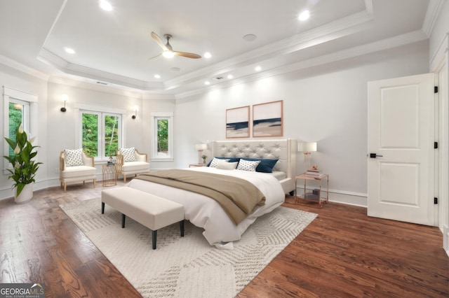 10765 Shallowford Rd, Roswell, GA 30075 - bedroom featuring a raised ceiling, wood finished floors, ornamental molding, recessed lighting, and a ceiling fan