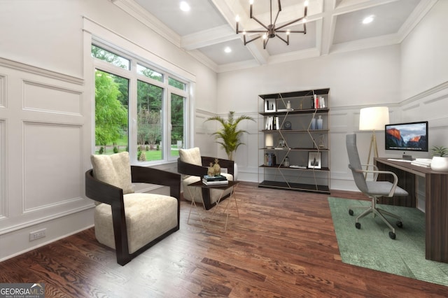 10765 Shallowford Rd, Roswell, GA 30075 - office space featuring a decorative wall, coffered ceiling, beam ceiling, wood finished floors, and a chandelier