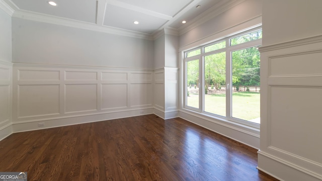 10765 Shallowford Rd, Roswell, GA 30075 - spare room with a decorative wall, ornamental molding, dark wood-style floors, and recessed lighting