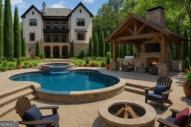 10765 Shallowford Rd, Roswell, GA 30075 - view of swimming pool featuring a gazebo, a patio area, an outdoor stone fireplace, a pool with connected hot tub, and a ceiling fan