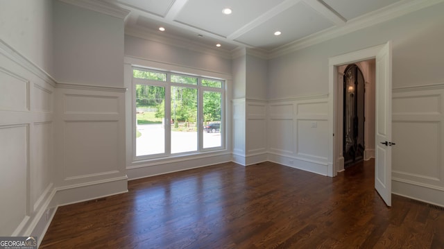 10765 Shallowford Rd, Roswell, GA 30075 - unfurnished room with a decorative wall, dark wood-type flooring, crown molding, and coffered ceiling
