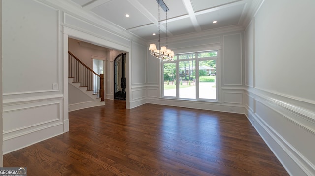 10765 Shallowford Rd, Roswell, GA 30075 - empty room with a decorative wall, coffered ceiling, stairs, a chandelier, and crown molding