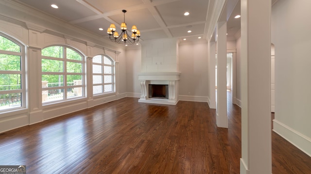 10765 Shallowford Rd, Roswell, GA 30075 - unfurnished living room featuring a chandelier, dark wood-type flooring, a fireplace, recessed lighting, and coffered ceiling