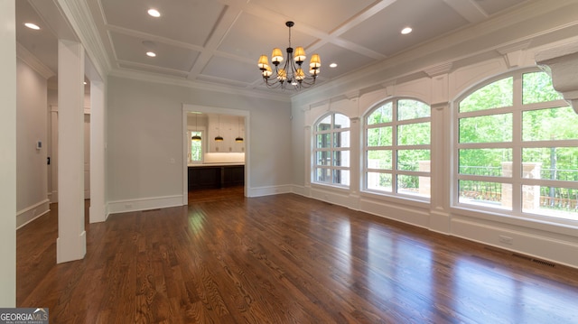 10765 Shallowford Rd, Roswell, GA 30075 - unfurnished living room with crown molding, a chandelier, dark wood finished floors, coffered ceiling, and recessed lighting