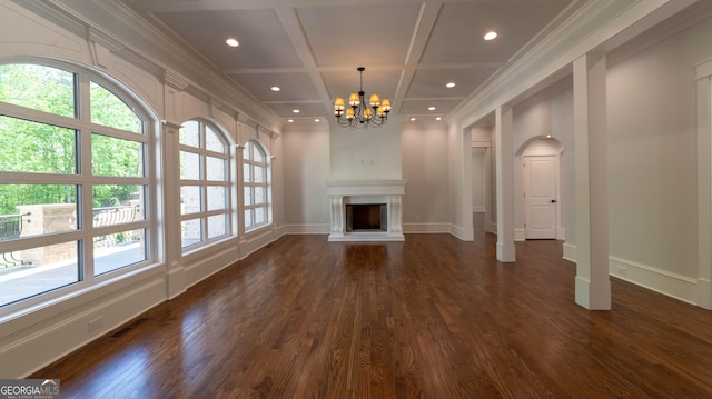 10765 Shallowford Rd, Roswell, GA 30075 - unfurnished living room with coffered ceiling, a chandelier, dark wood-style flooring, recessed lighting, and crown molding