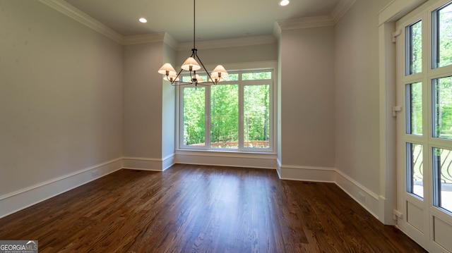 10765 Shallowford Rd, Roswell, GA 30075 - empty room with healthy amount of natural light, a chandelier, dark wood-style flooring, ornamental molding, and recessed lighting