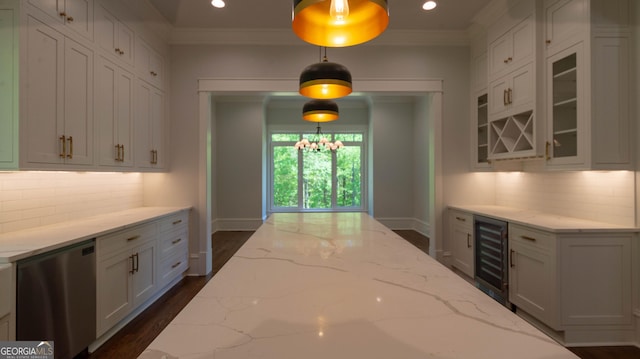 10765 Shallowford Rd, Roswell, GA 30075 - kitchen with stainless steel dishwasher, beverage cooler, backsplash, white cabinets, and crown molding