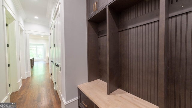 10765 Shallowford Rd, Roswell, GA 30075 - mudroom featuring ornamental molding, dark wood-style flooring, and recessed lighting