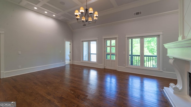 10765 Shallowford Rd, Roswell, GA 30075 - unfurnished living room featuring plenty of natural light, a chandelier, dark wood finished floors, coffered ceiling, and a high ceiling