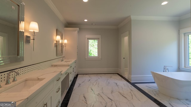 10765 Shallowford Rd, Roswell, GA 30075 - full bathroom featuring recessed lighting, double vanity, a freestanding tub, marble finish floors, and ornamental molding