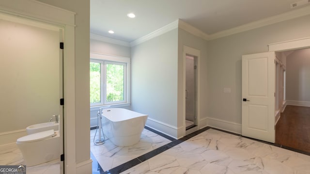 10765 Shallowford Rd, Roswell, GA 30075 - full bath with recessed lighting, marble look tile flooring, a bidet, a freestanding bath, and crown molding