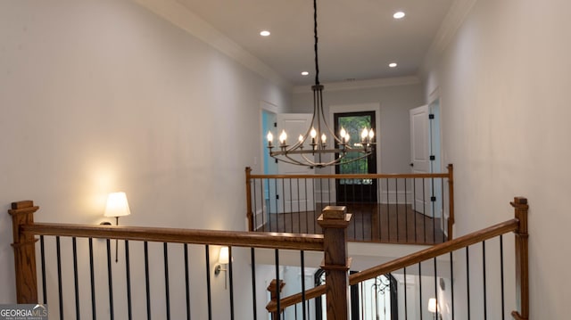10765 Shallowford Rd, Roswell, GA 30075 - hallway featuring an upstairs landing, a chandelier, recessed lighting, and ornamental molding