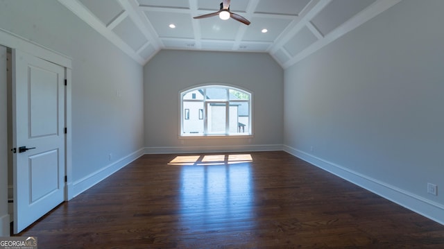 10765 Shallowford Rd, Roswell, GA 30075 - unfurnished room with a ceiling fan, dark wood-style flooring, and recessed lighting