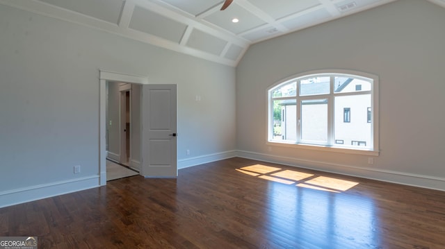10765 Shallowford Rd, Roswell, GA 30075 - unfurnished room featuring a ceiling fan, wood finished floors, coffered ceiling, and recessed lighting
