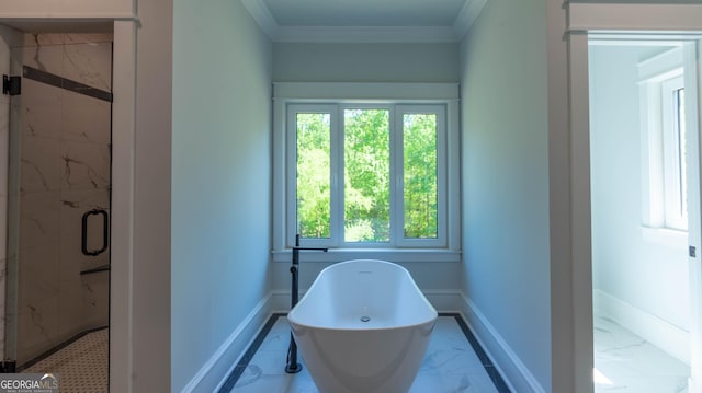 10765 Shallowford Rd, Roswell, GA 30075 - bathroom featuring a freestanding tub, ornamental molding, a marble finish shower, and marble finish flooring
