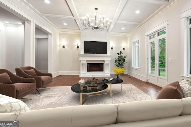 10765 Shallowford Rd, Roswell, GA 30075 - living area with wood finished floors, a chandelier, recessed lighting, coffered ceiling, and a fireplace