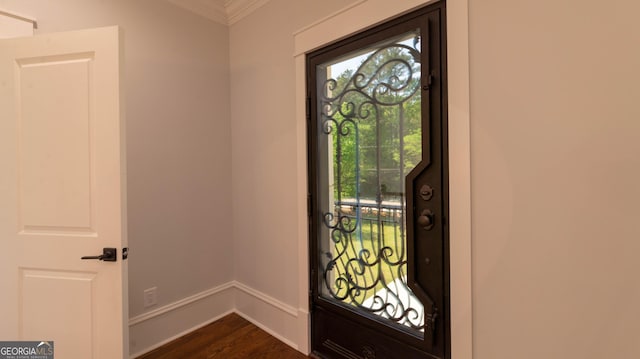 10765 Shallowford Rd, Roswell, GA 30075 - foyer entrance with plenty of natural light, dark wood-style floors, and ornamental molding