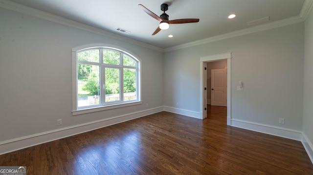 10765 Shallowford Rd, Roswell, GA 30075 - empty room with a ceiling fan, dark wood-style flooring, ornamental molding, and recessed lighting