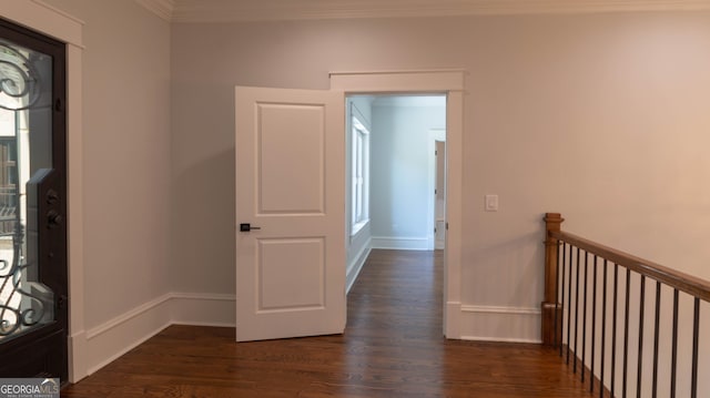 10765 Shallowford Rd, Roswell, GA 30075 - hallway with dark wood-style floors, ornamental molding, and healthy amount of natural light