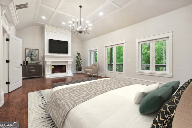 10765 Shallowford Rd, Roswell, GA 30075 - bedroom with multiple windows, wood finished floors, a chandelier, a fireplace, and recessed lighting
