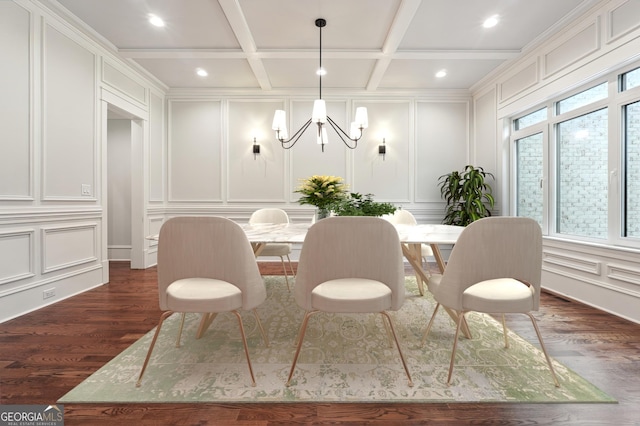 10765 Shallowford Rd, Roswell, GA 30075 - dining space with a decorative wall, a chandelier, dark wood finished floors, recessed lighting, and beamed ceiling