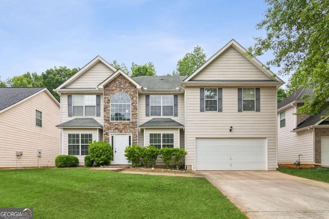 2896 Chilhowee Dr, Atlanta, GA 30331 - traditional-style home with an attached garage, concrete driveway, a front lawn, and stone siding