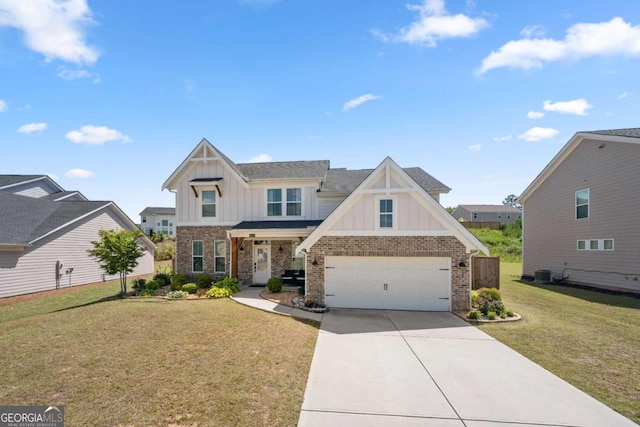 4607 Underwood Walk, Powder Springs, GA 30127 - view of front of property with board and batten siding, brick siding, a front lawn, concrete driveway, and central AC